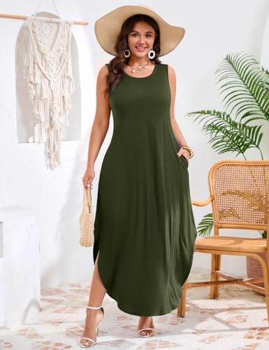 Image of JollieLovin Women Plus Size Summer Tank Maxi Dresses Sleeveless Causal V Neck Beach Long Dresses Swim Cover up (L-5X)