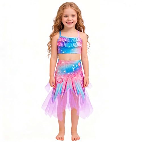 Bikini de Tres Piezas de Malla Brillante para niñas, Ropa de Playa con Ajuste cómodo y Falda fluida, de algodón, Secado rápido y UPF 50+, Ideal para Piscina, colección Casual