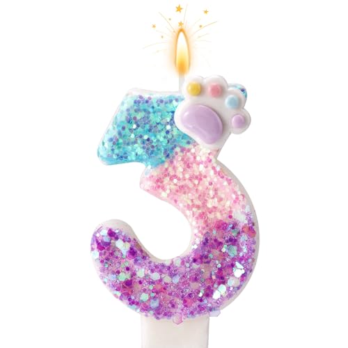 Pata de Perro y Gato Vela Número para Pastel, Vela de Cumpleaños Dibujos Animados Números Tarta con Base y Varilla Soporte para Amantes los Cachorros Gatitos Decoración Fiestas (3)