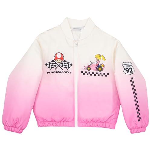 Nintendo Mariokart Princess Peach Girls Nylon Varsity Bomber Jacket - Zip-Up Casual Graphic Print Jacket for Kids