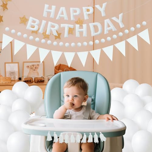 Image of White Themed Birthday Decoration Set, White Pre-Strung 3D Felt Happy Birthday Banners, Pom-Pom Garland, Party Pennant Felt Banner Flags, Tassel Garland, Balloons, Reusable Party Decor,Photo Prop