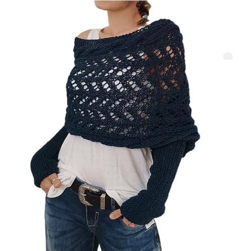 ANYSENT Sweater Scarf with Sleeves for Women Knitted Cut-Out Shawl Poncho Wrap Crochet Scarf Knit Cable Wrap Shrug Tops (US Alpha One Size Regular Regular Navy)