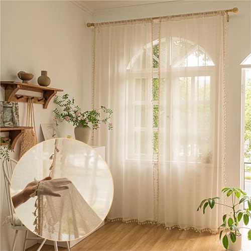Panel de cortina de encaje, cortinas transparentes semitransparentes con borlas, diseño de bolsillo para barra para estilo retro rústico, ideal para dormitorio y sala de estar (140 x 225 cm)