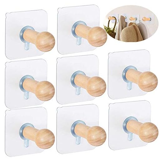 Adhesive Hooks Hat Hooks Wall Mounted Hat Hanger Wall Rack Coat Hanging Wooden Bathroom Hooks Stick On Door Closet Cabinet Wardrobe Entryway Waterproof OilProof-8 Packs