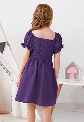 GORLYA Girls Puff Sleeve Square Neck Boho Frilly Smocked Shirred Flared Midi Dress 4-14T2