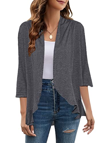 Image of Yekaty Women Cardigan 3 /4 Sleeves Open Front Lightweight Cardigan Draped Ruffles Knit Cardigan