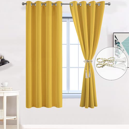 Yakamok Blackout Curtains Room Darkening Thermal Insulated Grommet top Window Curtains for Living Room, 52 x 63 Inch, Mustard Yellow, Set of 2