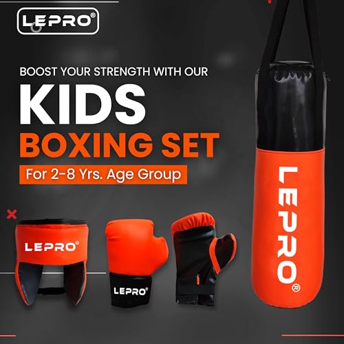 Image of LEPRO Kids Boxing Kit, Kids Punching Bag Set, Hanging Boxing Bag with Boxing Gloves & Headgear, Kids Boxing Set for 2-8 Years for Karate Muay Thai Kick Taekwondo Training (Orange)