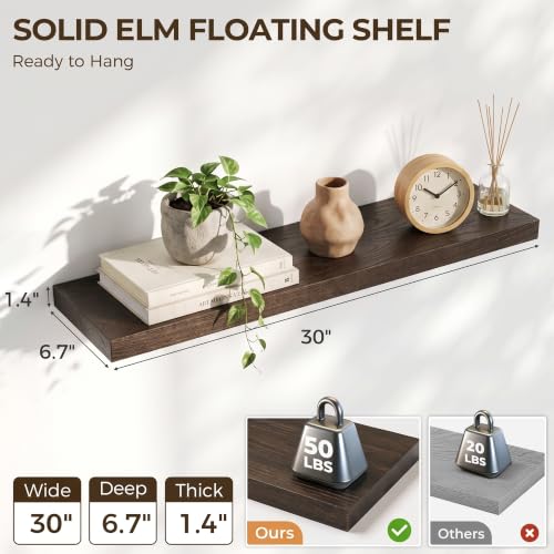 Image of Elm Floating Shelves for Wall - 30 in Rustic Solid Wood Shelves with Heavy-Duty Invisible Bracket, Wall-Mounted Wooden Shelf for Living Room, Bathroom, Kitchen Storage & Display, Set of 2, Walnut
