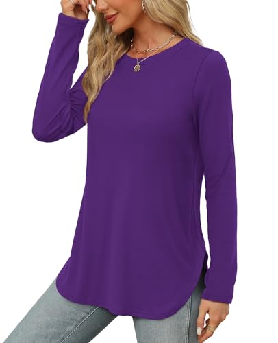 Image of XIEERDUO Womens Long Sleeve Round Neck Shirts Side Split Basic Loose Tunic Tops Casual 2026