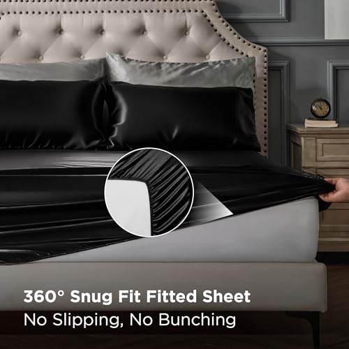 Image of Bedsure Black Satin Sheets Queen Size, Soft Silky Bedsheet for Hair & Skin