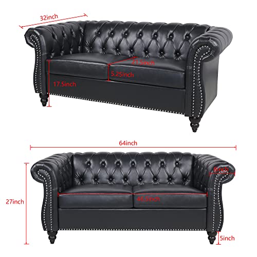 Image of LEVNARY Leather Sofa, Chesterfield Tufted Upholstered 2 Seater Couch, Modern Loveseat Couch Classic Furniture for Living Room Bedroom (Black)