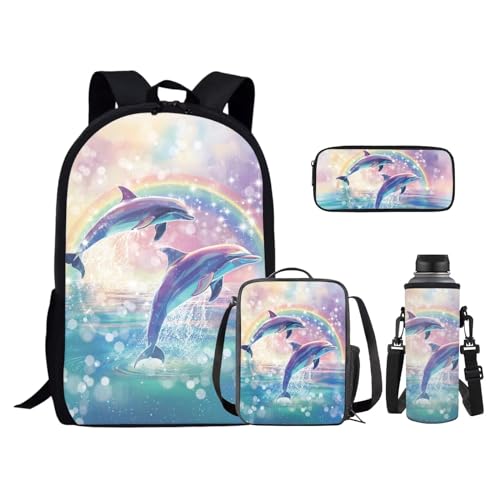 Rainbow Dolphin Backpack for Girls Kids School Backpack Set with Lunch Box Pencil Case Water Bottle Holder Trendy Backpack 4 in 1 Set for Elementary Middle School Students Gifts