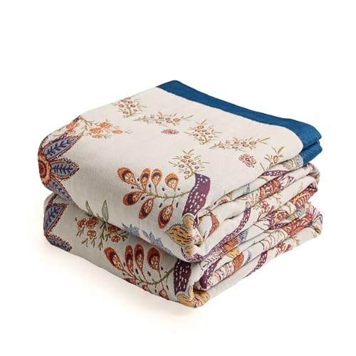 VANJOROY Sobremesa de sofá 100% algodón orgánico, grande, cubrecama, 230 x 250 cm, suave, amigable con la piel, de doble cara, estampado de flores boho, beige, sobremesa para 2 y 3 plazas, sillones