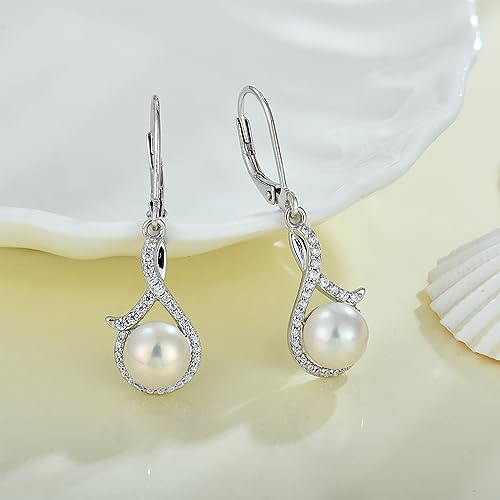 Women 925 Sterling Silver Freshwater Pearl Leverback Drop Dangle Earrings 5A Cubic Zirconia Jewelry for Her4