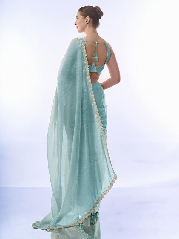 Image of ORHANS Women's Chiffon Saree with Unstitched Blouse Piece Solid Pattern and Laced Border | Lightweight Sarees for Woman | Plain Saris Daily Use | Womens Saree Modern Pattern| Stylish Saree