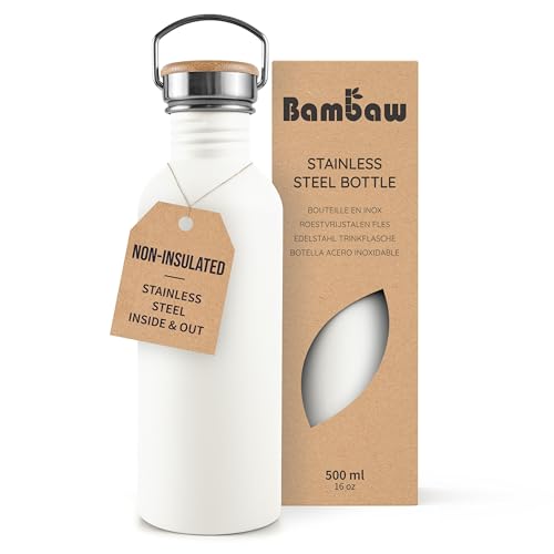 Image of Bambaw 500 ml Stainless Steel Water Bottle, White Water Bottle, Non-Insulated Sports Stainless Steel Children's Bottle, Reusable - Polar White