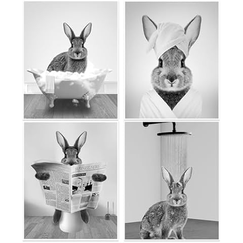 Maxee Cute Rabbit Bathroom Wall Art Prints, Vintage Pictures Wall Decor Farmhouse Wall Decor Rustic Style Bathroom Art Wall Decor Rabbit Bathroom Decor Wall Art (8x10 Inch,Set of 4,Unframed) Cover
