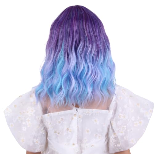 Image of Colorful Wig for Kids Girls Short Rainbow Wavy Curly Wig Child Multi-color Wig with Air Bangs Heat Resistant Synthetic Wig with Wig Cap