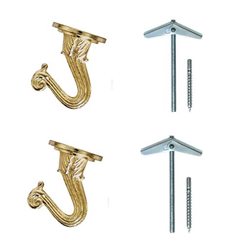 Rocky Mountain Goods Ceiling Swag Hook 2 Pack with Mounting Hardware - 1 1/2 Heavy Duty Swag Hooks for Hanging Planter Ceiling or Extender Chains - Easy Install with Screws/Brackets (Brass)