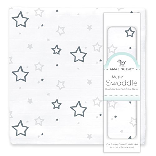 Amazing Baby Muslin Swaddle Blanket for Baby Boy & Girl, Receiving Blanket for Newborn, 100% Cotton Swaddle Wrap, Baby Registry & Gift, XLarge 46 x 46 inches, Stars, Sterling