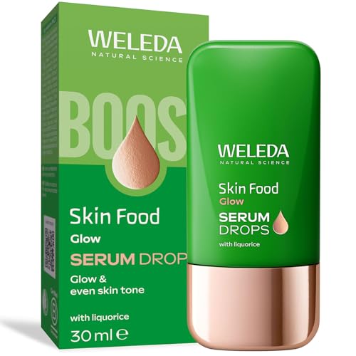 WELEDA Bio Skin Food Glow Serum Drops Naturkosmetik Booster Drops mit Süßholz & lichtreflektierenden Pigmenten für strahlenden Teint & gegen Pigmentflecken (vegan 30ml)