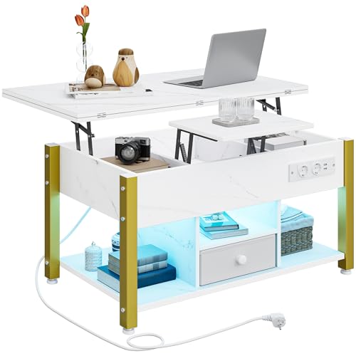 YITAHOME Tavolino da salotto con altezza regolabile, tavolino multifunzione 4 in 1 con spazio e illuminazione a LED, tavolino da caffè si trasforma in un tavolo da pranzo per il soggiorno, marmo