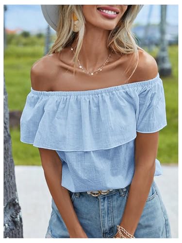 SweatyRocks Women's Off The Shoulder Blouse Short Sleeve Ruffled Summer Tops4