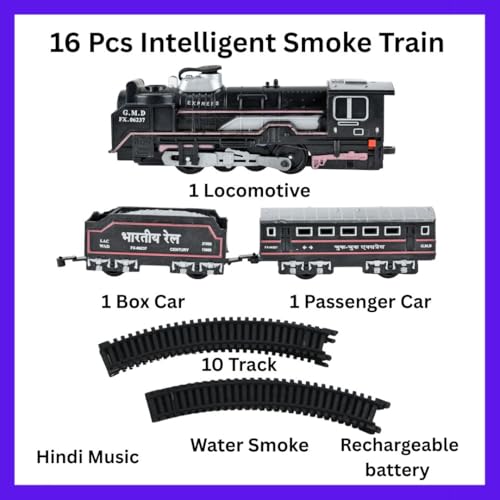 Image of Braintastic Smoke Train Toy Set with Sound and Hindi Music-16 Pcs Set,Rechargeable Battery Operated Track Train Toy for Boys & Girls