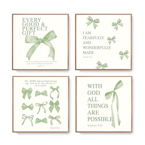 Image of LARTSFRO Coquette Sage Green Bow Wall Art Decor Posters, Sage Green Bow Room Bedroom Bathroom Wall Art Decor Aesthetic for Teen Girls Gifts, Inspirational Bible Verses Bow Wall Decor, 10x10 Inch Set of 4 Bow Pictures Unframed