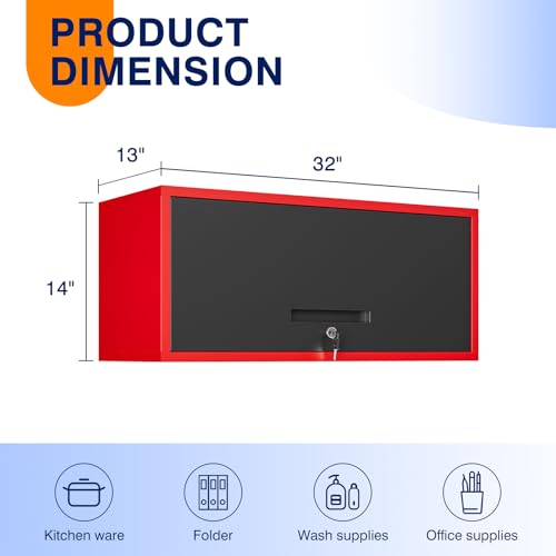 Image of Yizosh Metal Wall Cabinet with Doors, Wall Mounted Storage Cabinet, Floating Tool Cabinet for Kitchen, Basement, Warehouse (Red Black, 13.7 inch H)