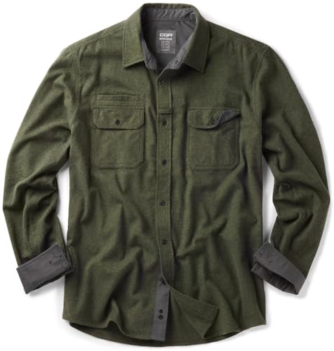 CQR Mens 100% All Cotton Button Down Flannel Shirts Long Sleeve Brushed Warm Soft Casual Outdoor Plaid Shirt Solid Hunter Green Medium