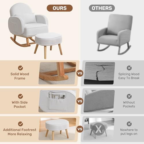 Image of HCHAIRH Rocking Chair Nursery with Ottoman Footrest, Upholstered Glider Rocker with High Backrest and Side Pocket, Rocking Accent Armchair with Solid Wood Legs for Nursery, Living Room, Bedroom White