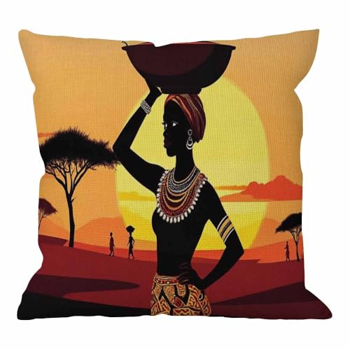 HGOD DESIGNS Throw Pillow Case African Woman Cotton Linen Square Cushion Cover Standard Pillowcase for Men Women Home Decorative Sofa Armchair Bedroom Livingroom 18 x 18 inch