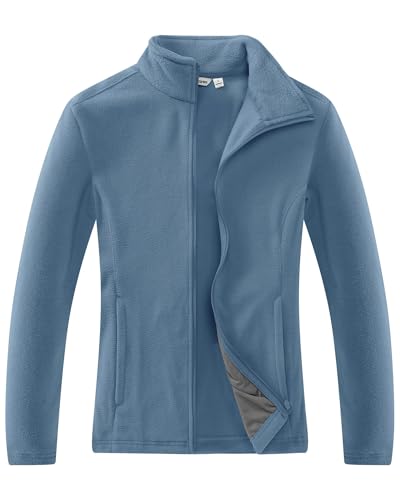 33,000ft Damen Fleecejacke mit Durchgehendem Reißverschluss Stehkragen Damen Leichte Fleece Jacke Outdoor Damenjacke für Wandern und Freizeit,Graublau M
