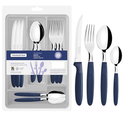 Tramontina Juego de Cubiertos de acero inoxidable, Ipanema, color azul, 25 piezas