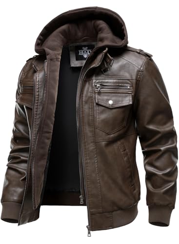 HOOD CREW Men's Faux Leather Hooded Jacket Motorcycle Jackets Water Repellent Windproof PU Moto Vintage Bomber Hoodie Coats2