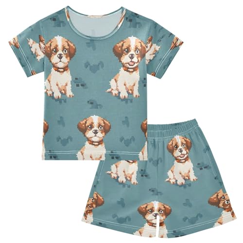 senya Short Sleeve Pajamas Sets Summer Cotton Sleepwear Brown White Puppy