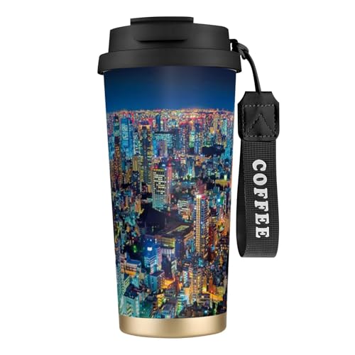 東京夜景 コーヒーカップ 500ml真空断熱マグボトル 保温 保冷 多重構造 大容量 直飲み ストロー付き洗いやすい アウトドア 漏れ防止 サーモス水筒 食品グレードステンレス316 男女兼用 車用 父の日、母の日ギフト 外出、自宅、オフィス使用