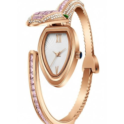 Image of Women's Gold Bracelet Watch | Snake Coil Cuff Style | Crystal Studded Oval Dial | Elegant Jewellery Watch for Women & Girls | Party, Wedding & Festive