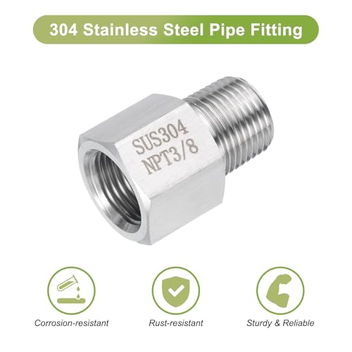 Image of uxcell 2 Pcs Pipe Fittings Reducer Adapter 3 /8 inch NPT Male Pipe x 3 /8 inch NPT Female Pipe Stainless Steel Adapter Pressure Gauge Connector for Oil Air Gas Hydraulic Systems