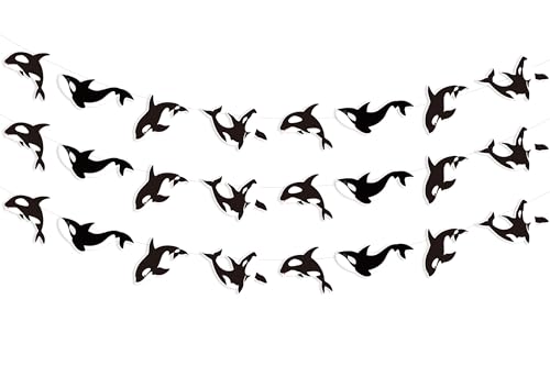 Image of Cheereveal 3 Pack Killer Whale Garlands, Black and White Orca Hanging Banners, Whales Animals Sea Creature Ocean Under The Sea Theme Baby Shower Birthday Party Decoration Supplies