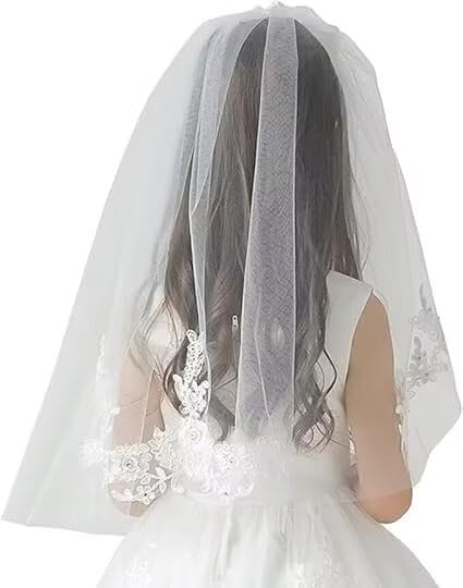 Girls First Communion Veils Two Layers Appliques Tulle Holy Veils Bow Kids Head Coverings Church Veils2