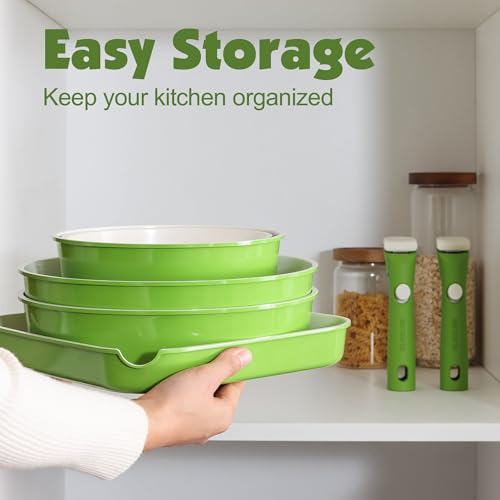 Image of SENSARTE 17 Piece Ceramic Pots and Pans Set, Nonstick Detachable Handle Cookware, Induction Kitchen Cookware Set with Removable Handle, Dishwasher & Oven Safe (Green)