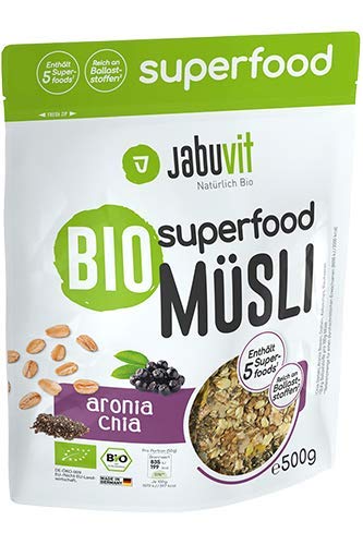 JabuVit Bio Superfood Müsli - dein gesundes Müsli für einen kraftvollen Start in den Tag- reich an Superfoods, Omega 3 Fettsäuren, Ballaststoffen & extrem leckere Bio-Qualität (Aronia-Chia, 500g) Cover