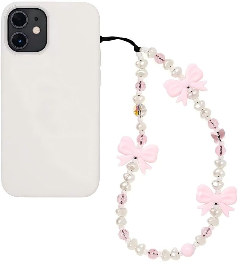 Beaded Phone Charm Y2K Kawaii Handmade Acrylic Phone Lanyard Wrist Strap for Camera Bag Airpods Keychain Charm Gold and White Pearls