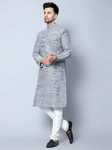 Image of LATEST CHIKAN Men's Cotton Regular Textured Long Kurta Full Sleeves - Casual Ethnic Wear