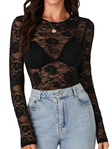 LYANER Womens Sexy Mesh Top Floral Long Sleeve See Through Shirt Lace Sheer Blouses Black Small