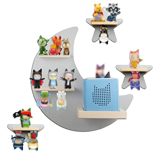 Image of Sun3drucker Floating Shelf Wall Mounted Set of 4 (Moon and 3 Stars) for Toniebox Starter Set,Tonie Figures - Magnetic Wooden Shelves Compatible with Toniebox Player Audio Character for Children Room