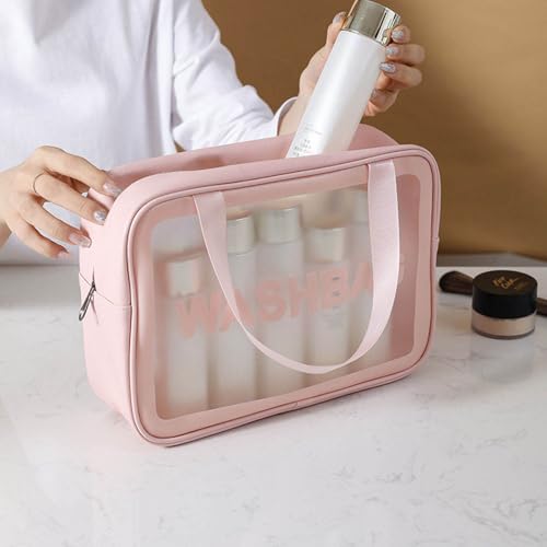 Image of Catron Waterproof Wash Bag Pouch for Travel Kit Toiletry Bag Pink Faux Leather, 6-Piece Travel Makeup, Brushes & Accessories Toiletry Organiser with Clear Window (Pink+Black, 3 pcs Set)